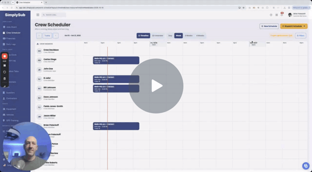SimplySub visual crew scheduling calendar showing crews and jobs