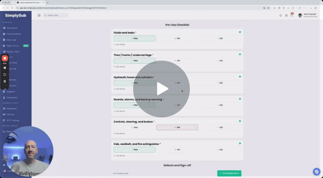 SimplySub Digital Forms product tour preview showing mobile-friendly inspections and checklists